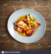 flat-lay-of-grilled-duck-liver-with-pancake-and-caramelized-pear-on-wooden-background-2BPJNWH.jpg