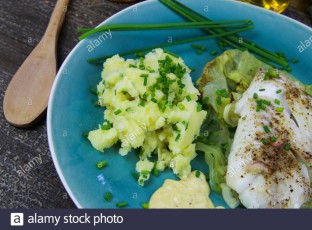 isolated-blue-china-dish-with-codfish-fillet-poached-on-pointed-cabbage-mustard-sauce-and-mashed-potatoes-seasoned-with-chives-2B50C1T.jpg